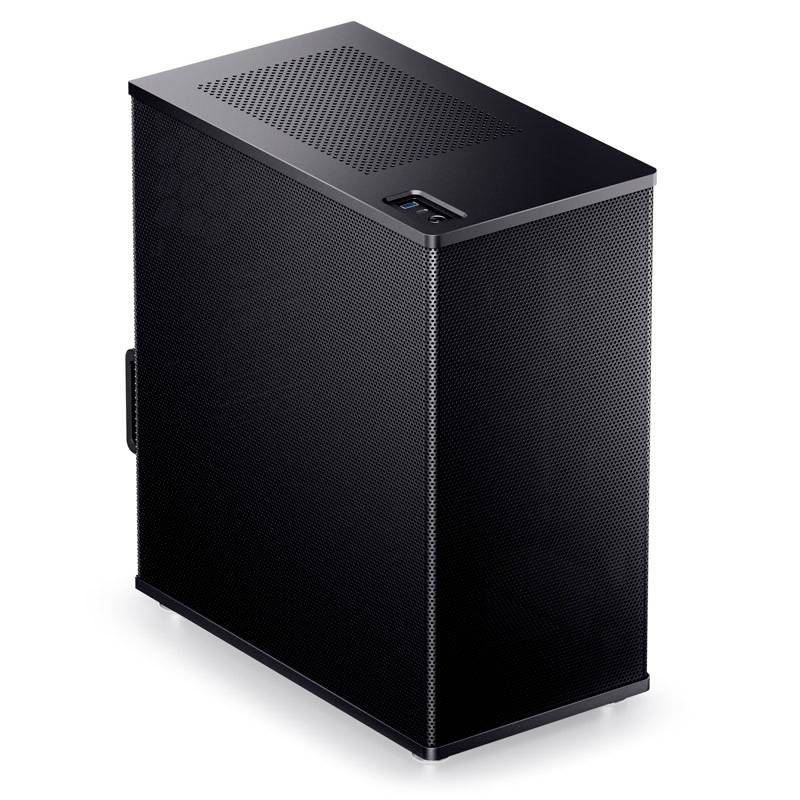 Een zwarte computerbehuizing met geperforeerd bovenste gedeelte en voorkant. De aan-uitknop en USB-poorten bevinden zich bovenaan.