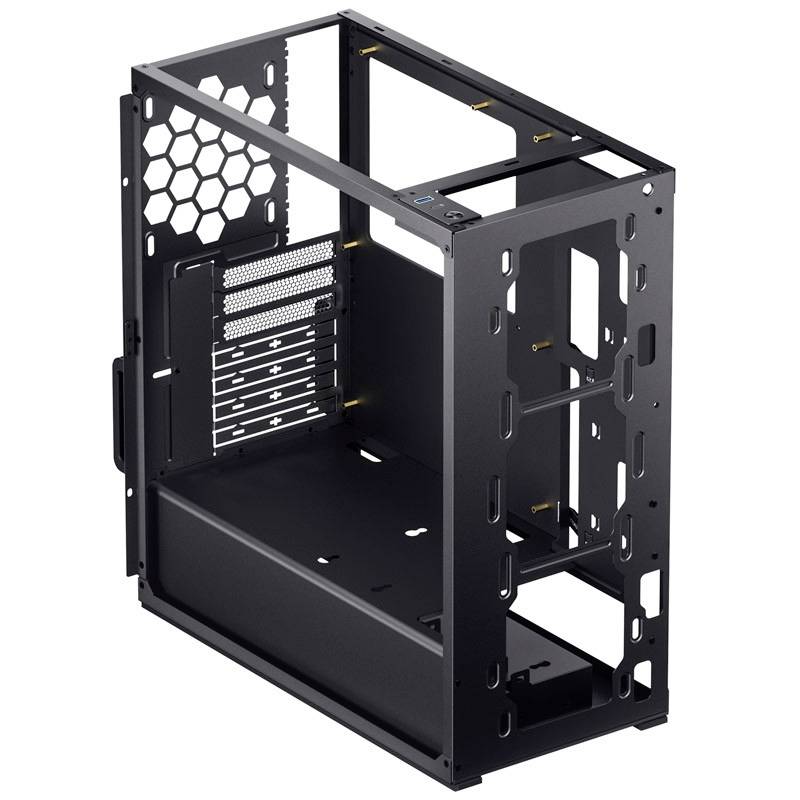 Zwart computerbehuizing van metaal, open frame met inbouwsleuven voor componenten, honingraatrooster aan de achterkant.