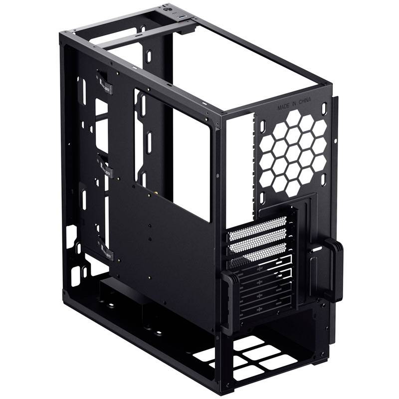 Zwart computerchassis van metaal, met open zijkanten voor ventilatie en uitbreidingssleuven voor computercomponenten.