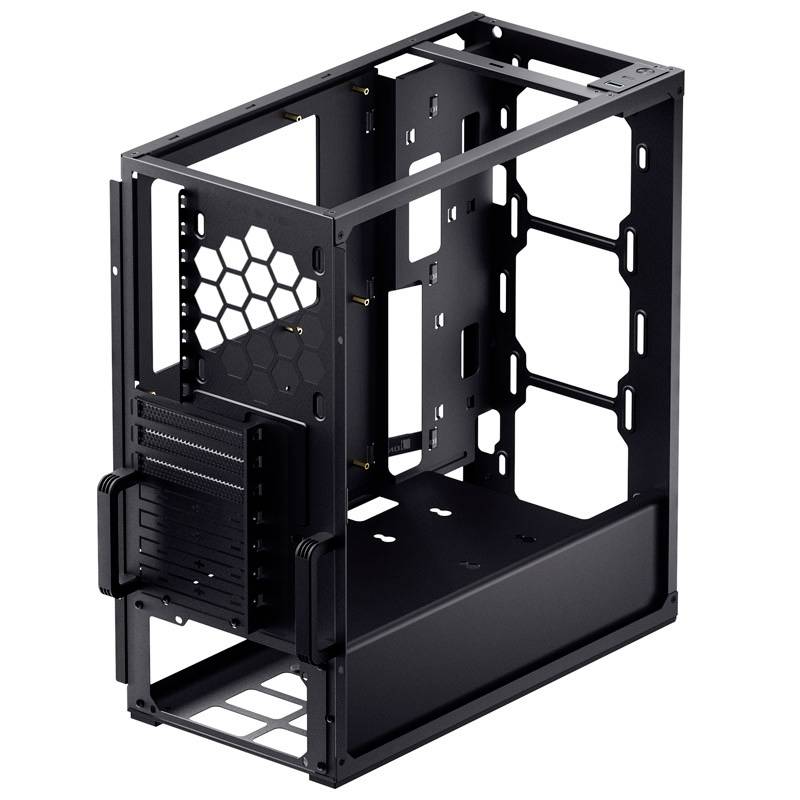 Zwart, open pc-behuizing met modulaire inbouwmogelijkheden en zeshoekige ventilatiesleuven in het bovenste gedeelte.
