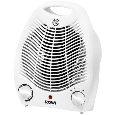 Een witte elektrische kachel met een handgreep, twee draaibare knoppen en een rood lampje. De merknaam 'ROWI' is onderaan zichtbaar.