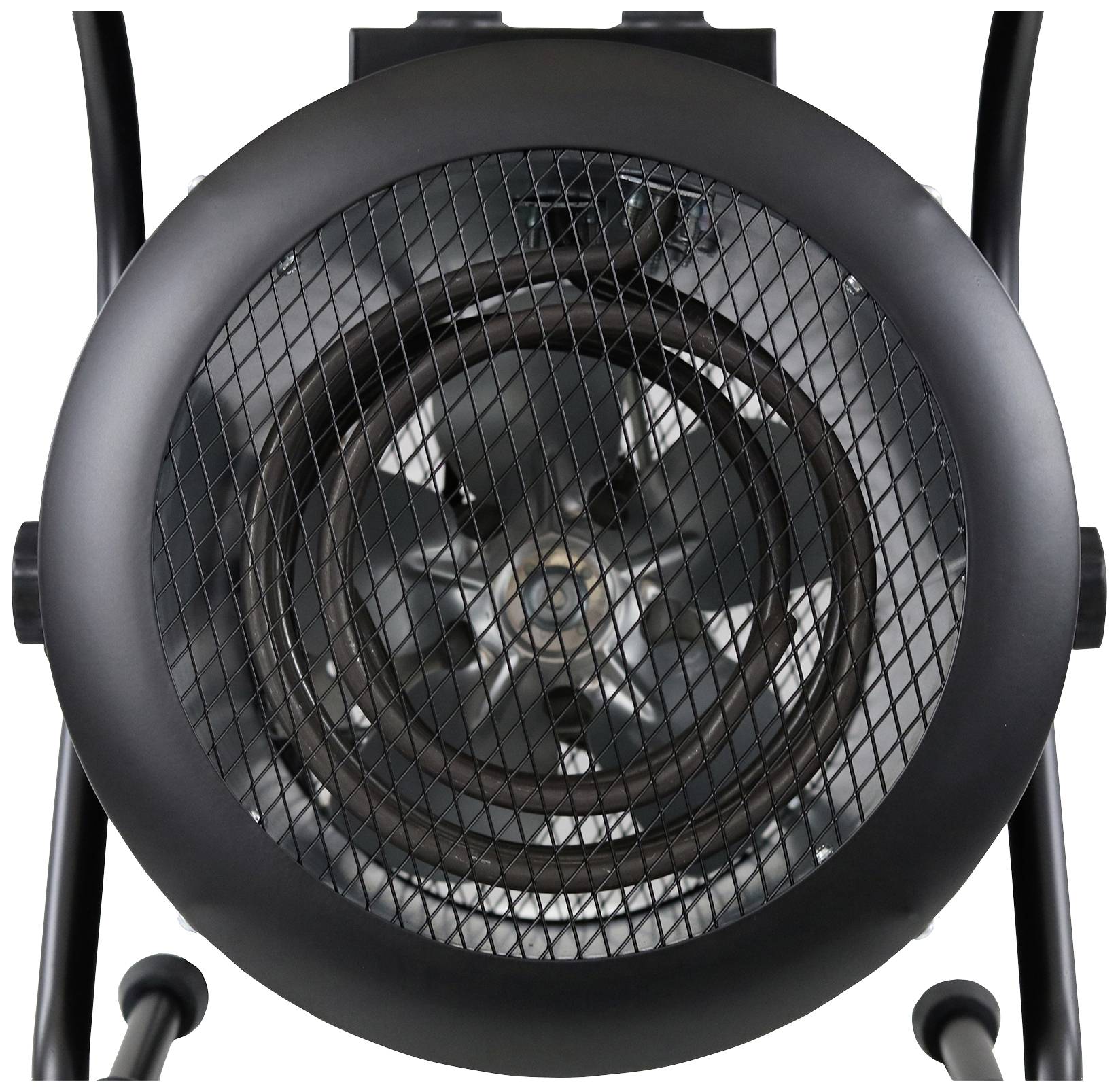 Een ventilator in een rond behuizing. Door een rooster zijn rotorbladen en de mechaniek zichtbaar.
