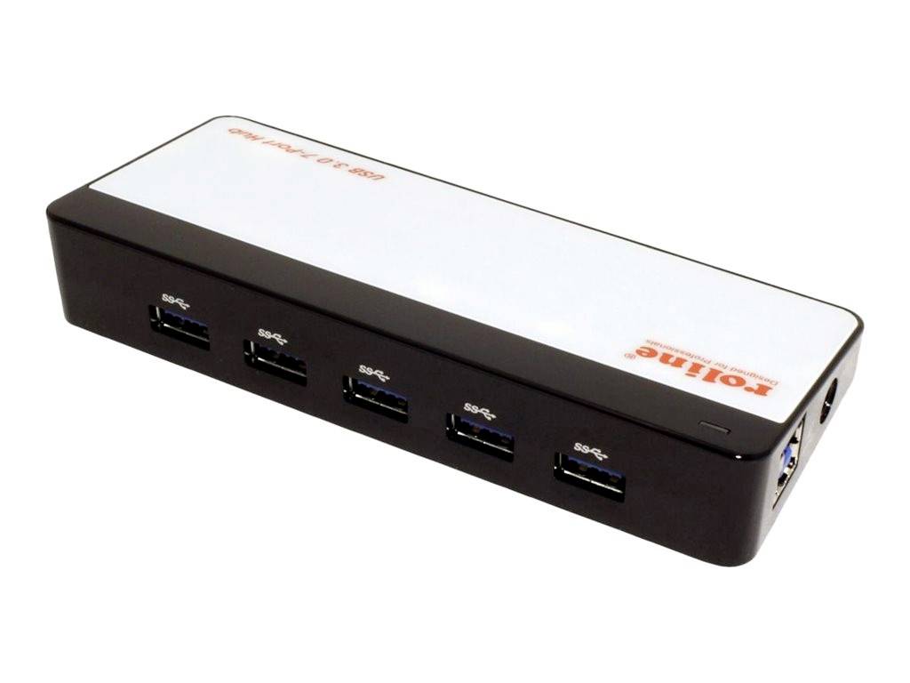 USB-hub met zeven poorten, drie in de bovenste rij en vier in de onderste rij. Poorten ondersteunen hoge dataoverdrachtssnelheden.