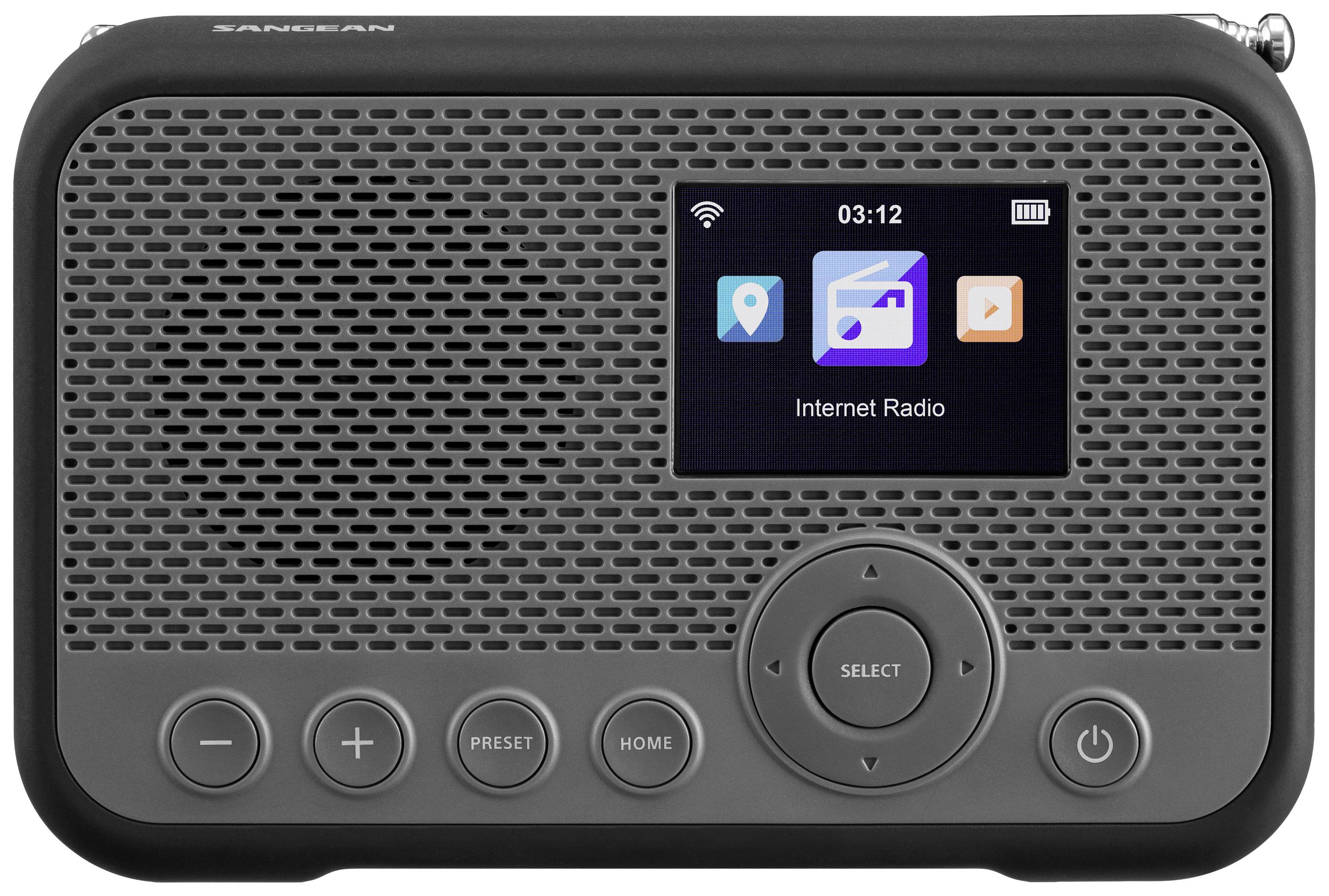Zwart draagbaar radio met scherm, toont symbolen voor locatie, muziek en internetradio. Bedieningspaneel met toetsen eronder.