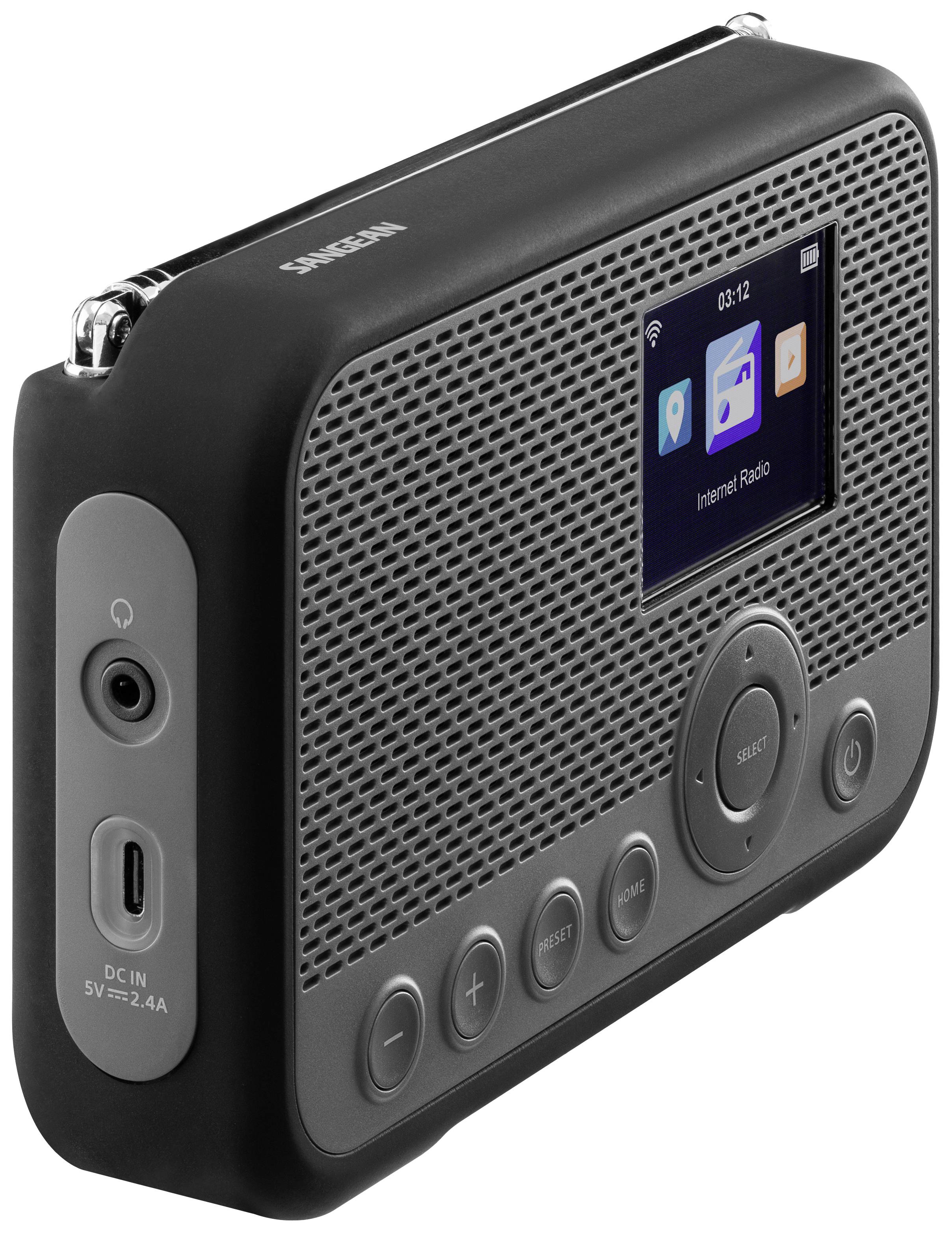Compact digitaal radio met display toont 'Internet Radio', met volumeknoppen en aansluiting aan de zijkant, zwarte behuizing.