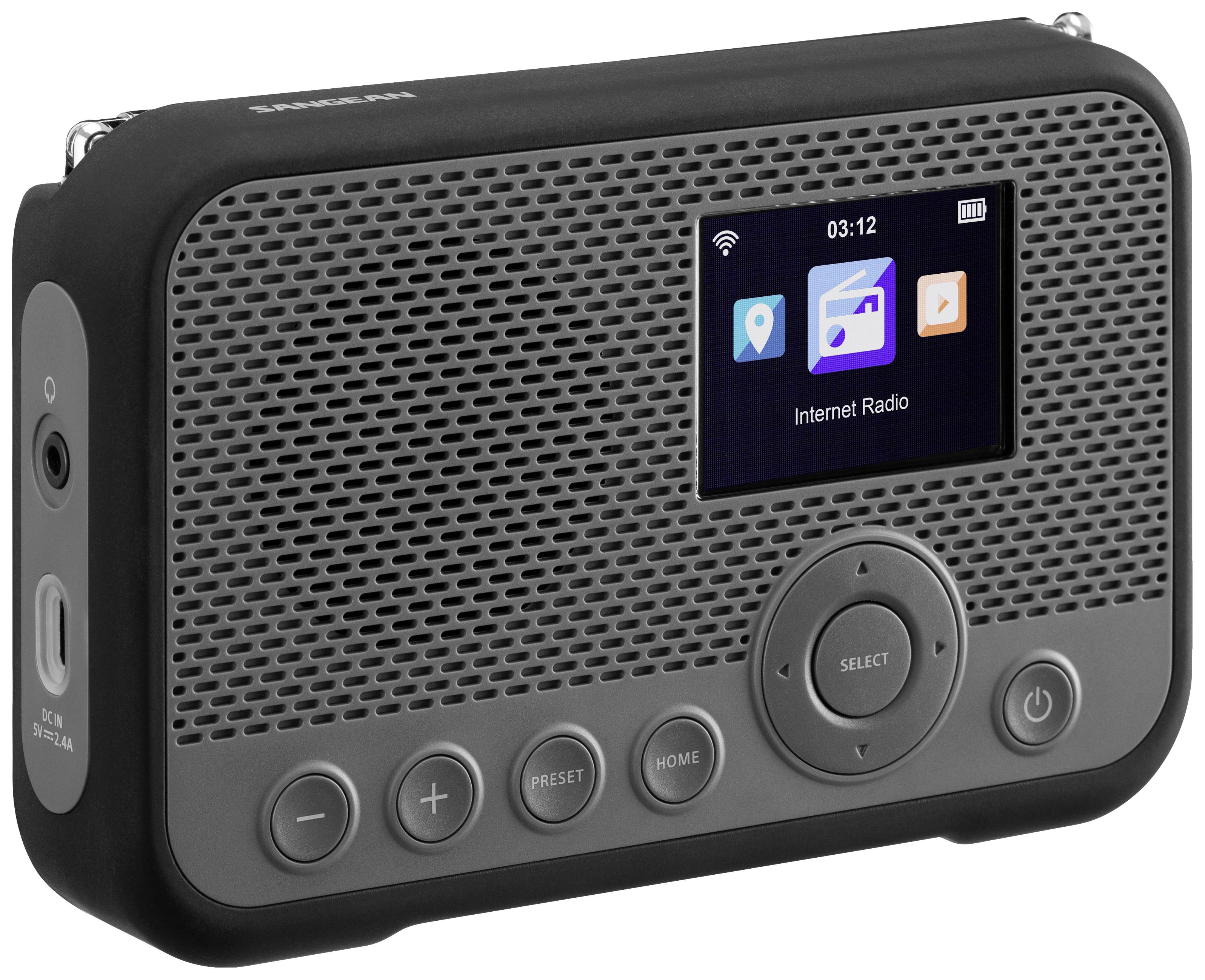 Draagbare internetradio met display en speakers. Toont tijd en symbolen voor navigatie en muziek op het scherm.