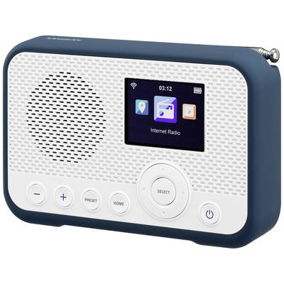 Een draagbare radio met luidspreker, scherm en bedieningsknoppen. Het scherm toont de tijd 03:12 en het symbool 'Internet Radio'.