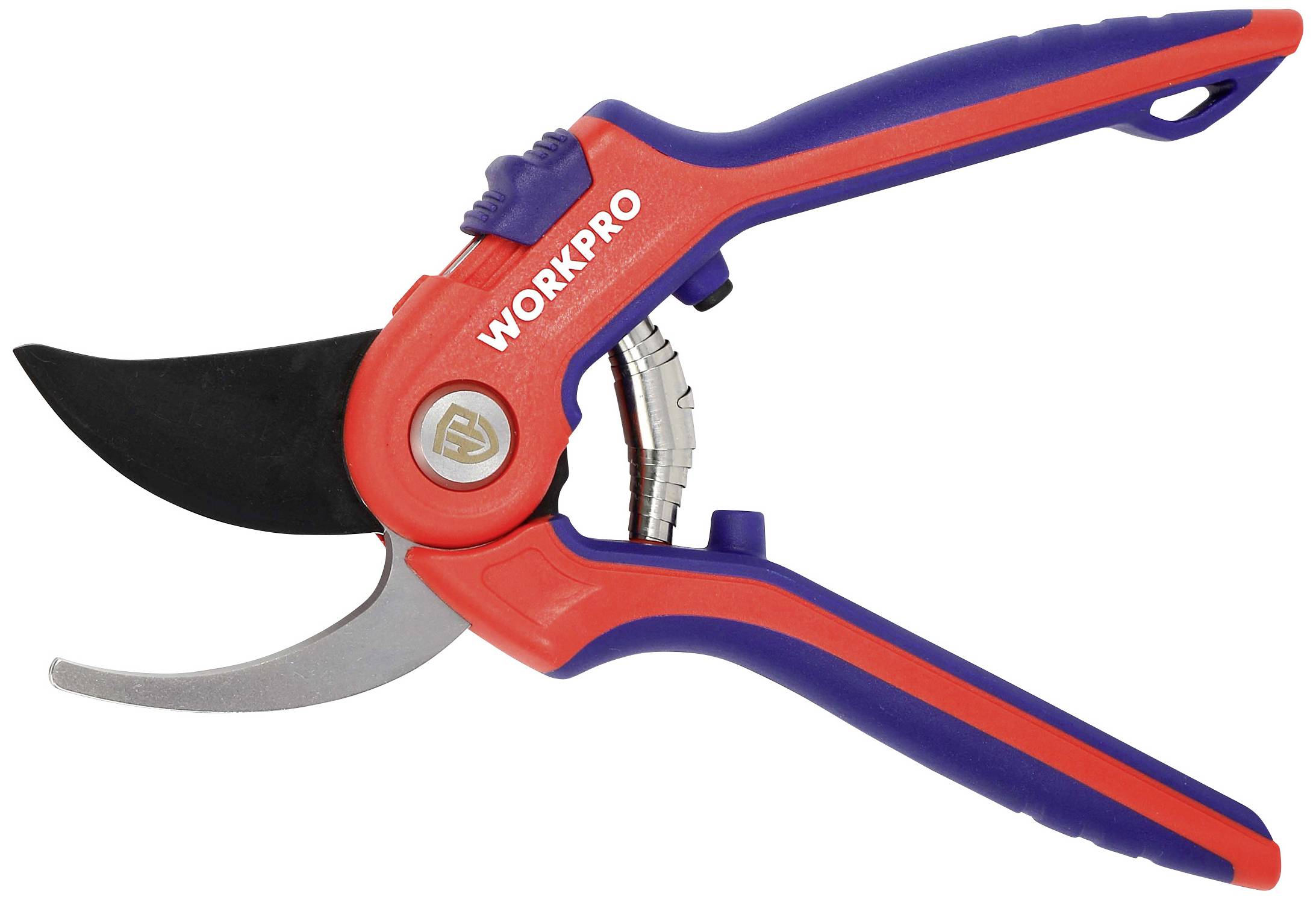 Tuinschaar in Blauw en Rood, merk 'WORKPRO'. Geschikt voor het snoeien van takken en planten.