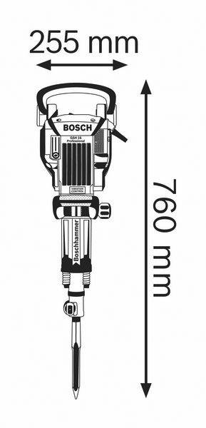 Afbeelding van een Bosch-breekhamer met de volgende afmetingen: breedte 255 mm, hoogte 760 mm, verticale pijlen ter aanduiding van de afmetingen.