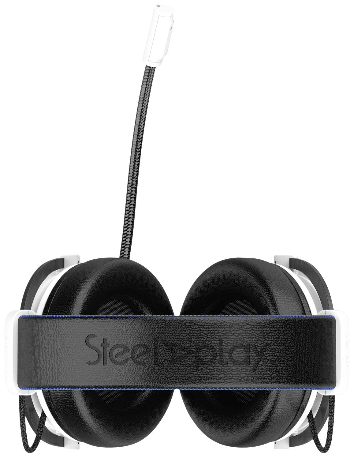 Zwarte over-ear koptelefoon met microfoon en 'Steelplay'-logo op de hoofdband.