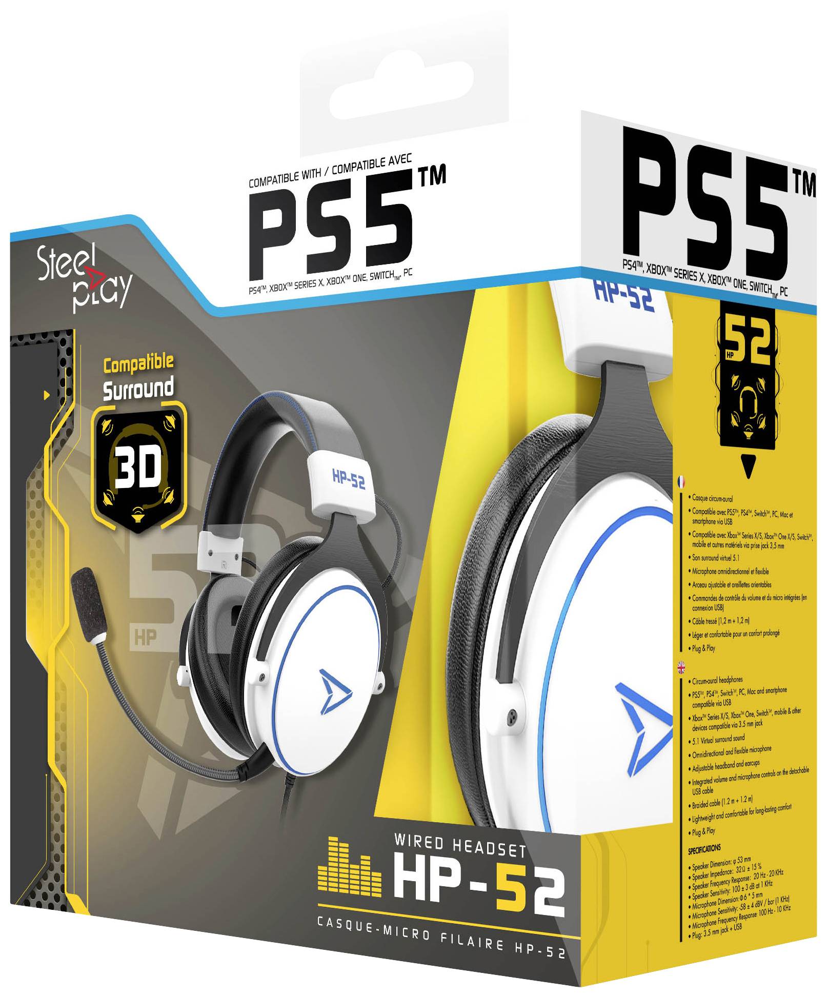 Doos van een bedraad headset HP-52, compatibel met PS5. Bevat afbeelding van het headset, benadrukt 3D-surround sound.