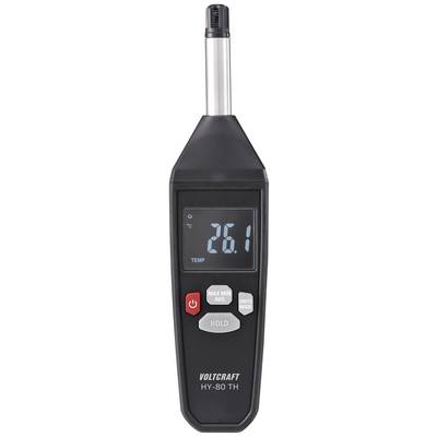 Digitale hygrometer toont temperatuur van 26,1°C. Zwart apparaat met display en bedieningsknoppen, model VOLTCRAFT HY-80 TH.