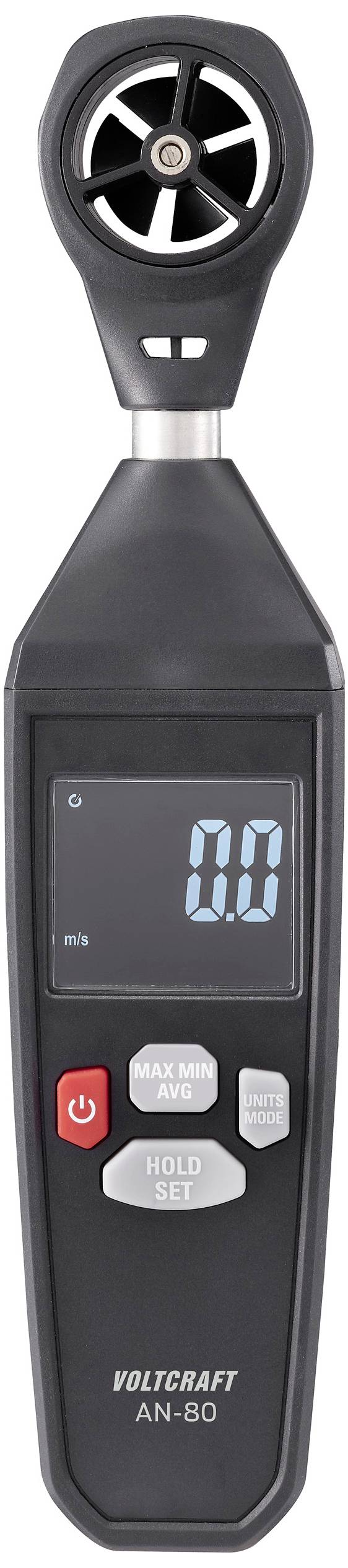 Een digitale anemometer met display toont een waarde van 0,0. Hij heeft knoppen voor Aan/Uit, Max/Min en Hold/Set.