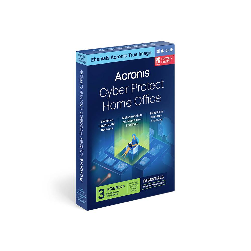 Acronis Cyber Protect Home Office Essentials DE Licentie voor 1 jaar, 3 licenties Windows, Mac, iOS, Android Beveiligingssoftware