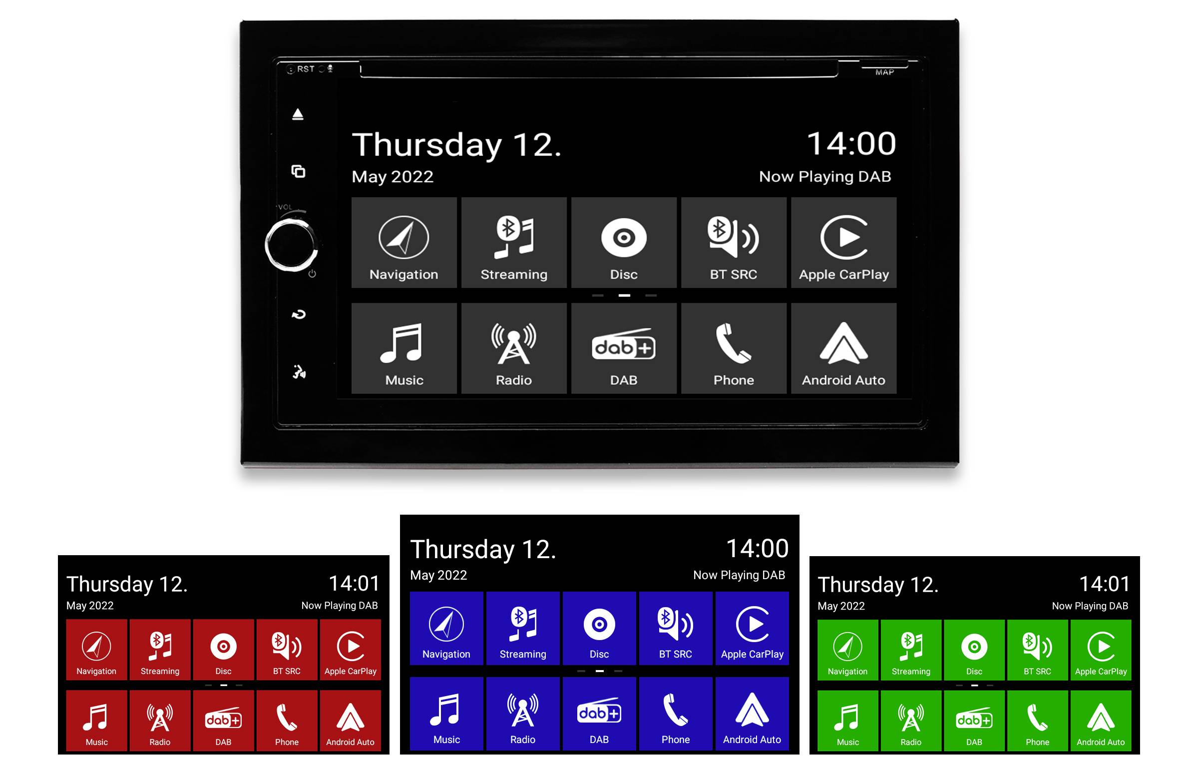 Besturingssysteem-interface van een infotainmentsysteem met verschillende apps zoals navigatie, muziek en telefoon. Datum: Donderdag, 12 mei 2022.