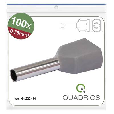 'Verpakking met 100 grijze adereindhulzen, 0,75mm², van Quadrios. Productafbeelding toont een hulze en technische schetsen.'