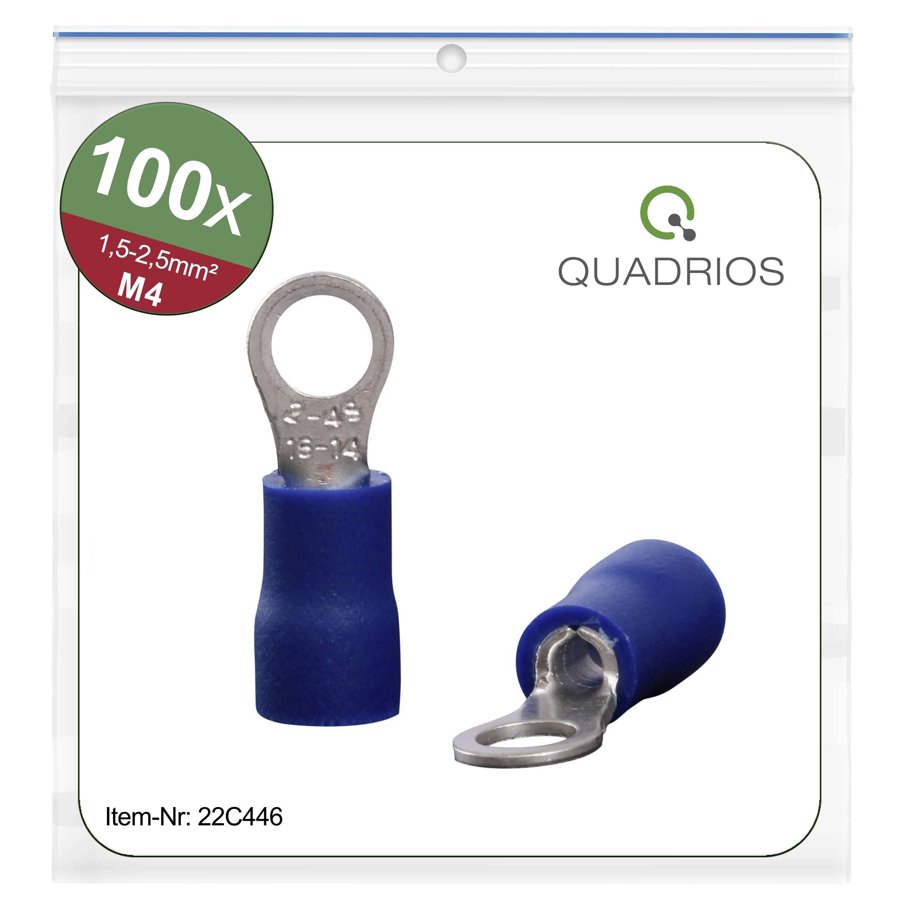 'Vierkante verpakking met 100 blauwe kabelschoenen, maat M4, voor kabeldiameters van 1,5-2,5 mm². Artikelnummer: 22C446.'