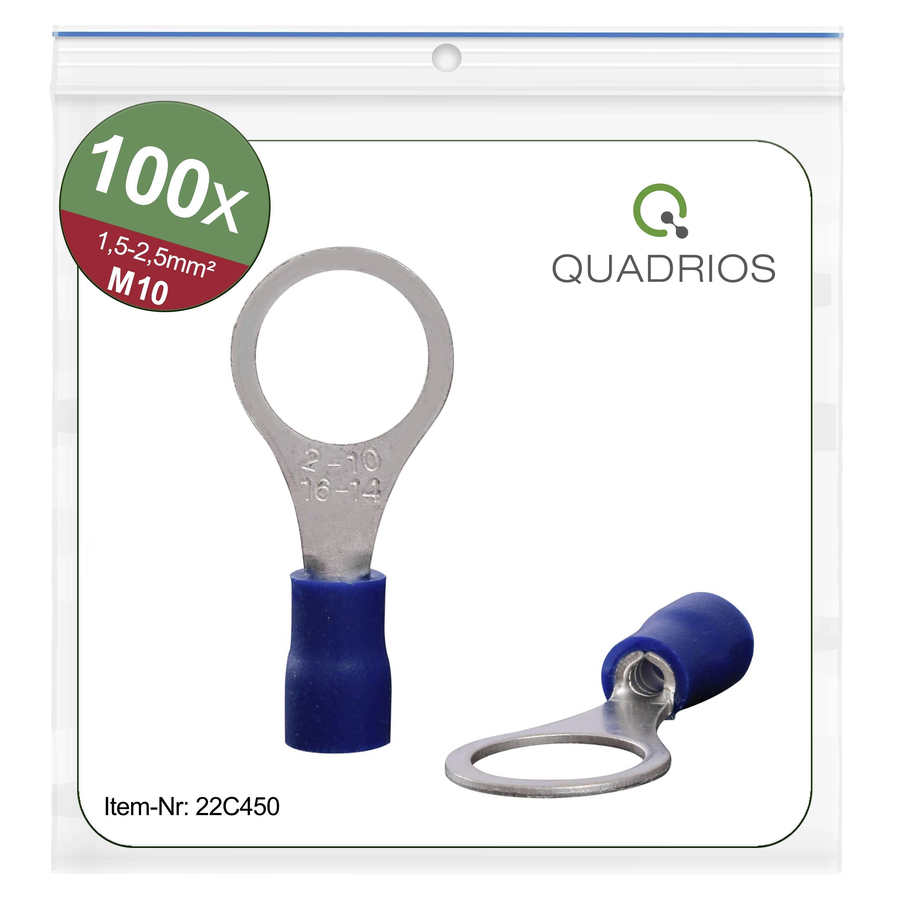 Productafbeelding van 100 blauwe ringkabelschoenen, maat M10, 1,5-2,5 mm², artikelnummer 22C450, merk Quadrios.