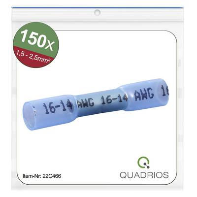 Blauwe kabelverbinder met opdruk '16-14 AWG 16-14'. Verpakking van 150 stuks voor 1,5 - 2,5 mm². Artikelnummer 22C466. Merk Quadrios.