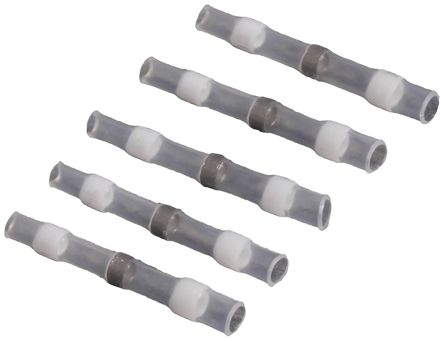 Vijf transparante krimpverbinders met interne metalen ringen, die worden gebruikt voor isolatie en verbinding van elektrische kabels.
