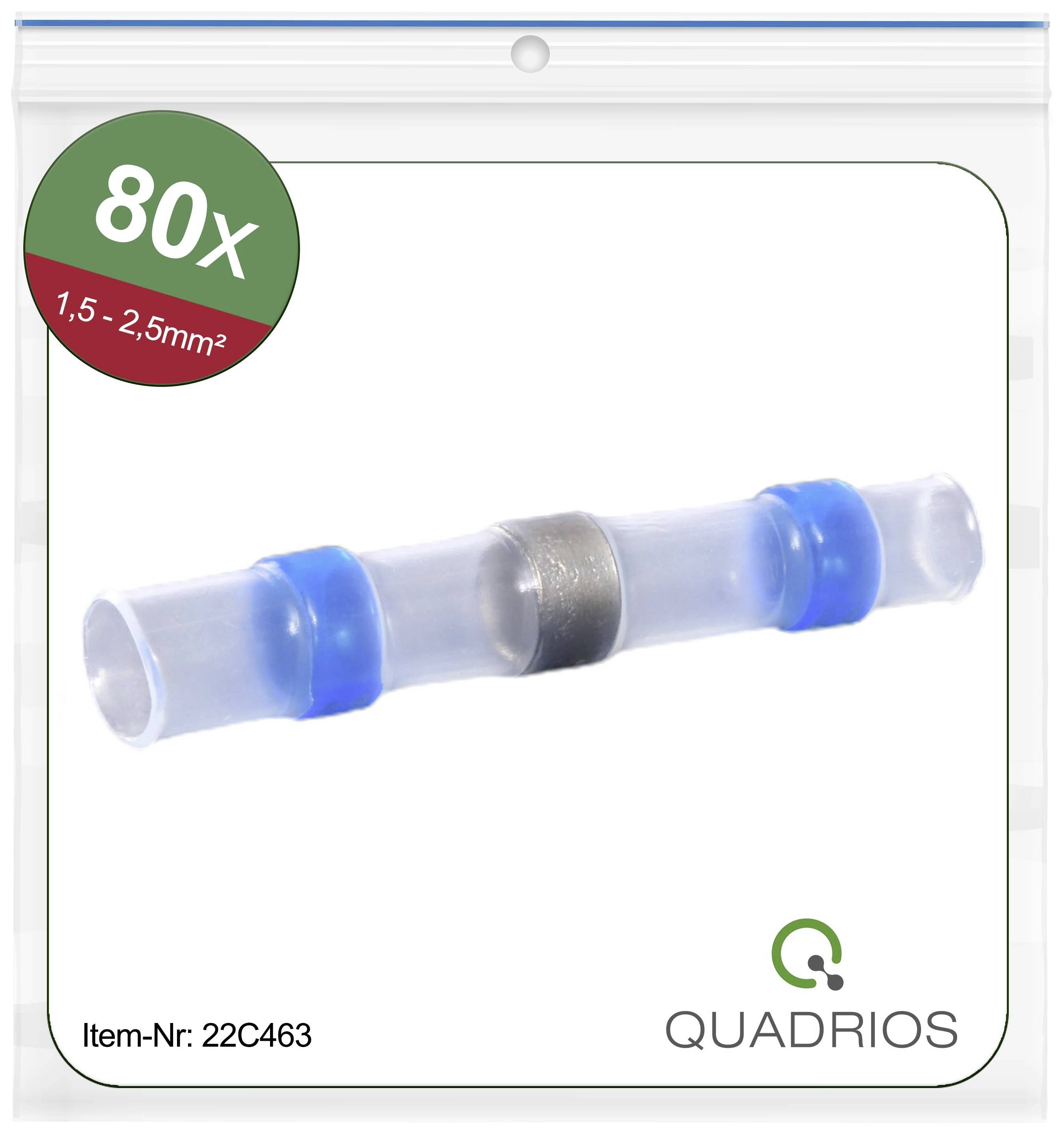 80 Krimp verbindingsmoffen op afbeelding, geschikt voor kabels 1,5 - 2,5 mm². Verpakking met merknaam 'QUADRIOS'. Artikelnummer 22C463.