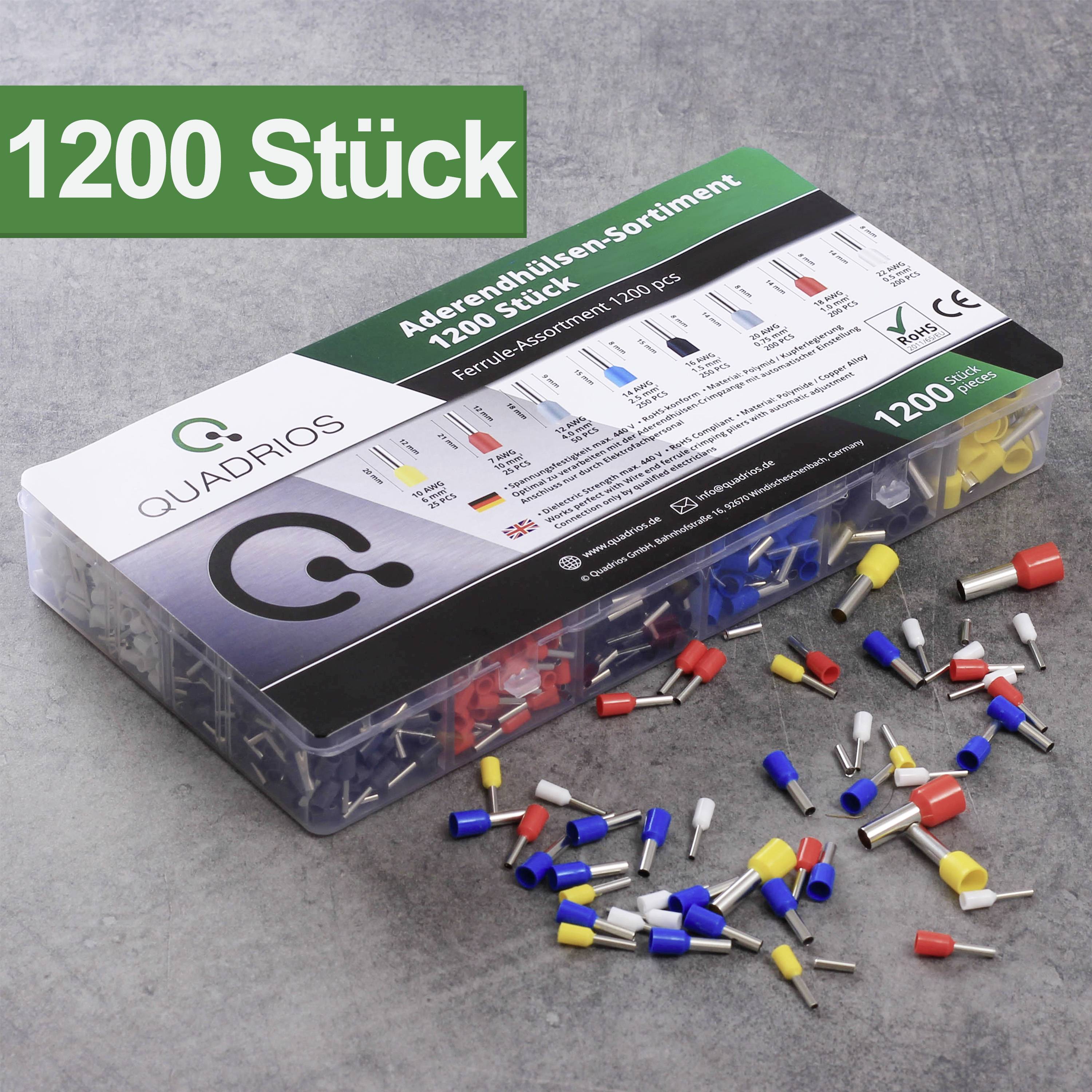 Plastic doos met 1200 gekleurde adereindhulzen, verspreid op tafel. Verpakkingstekst: 'Adereindhulzen-assortiment 1200 stuks'.