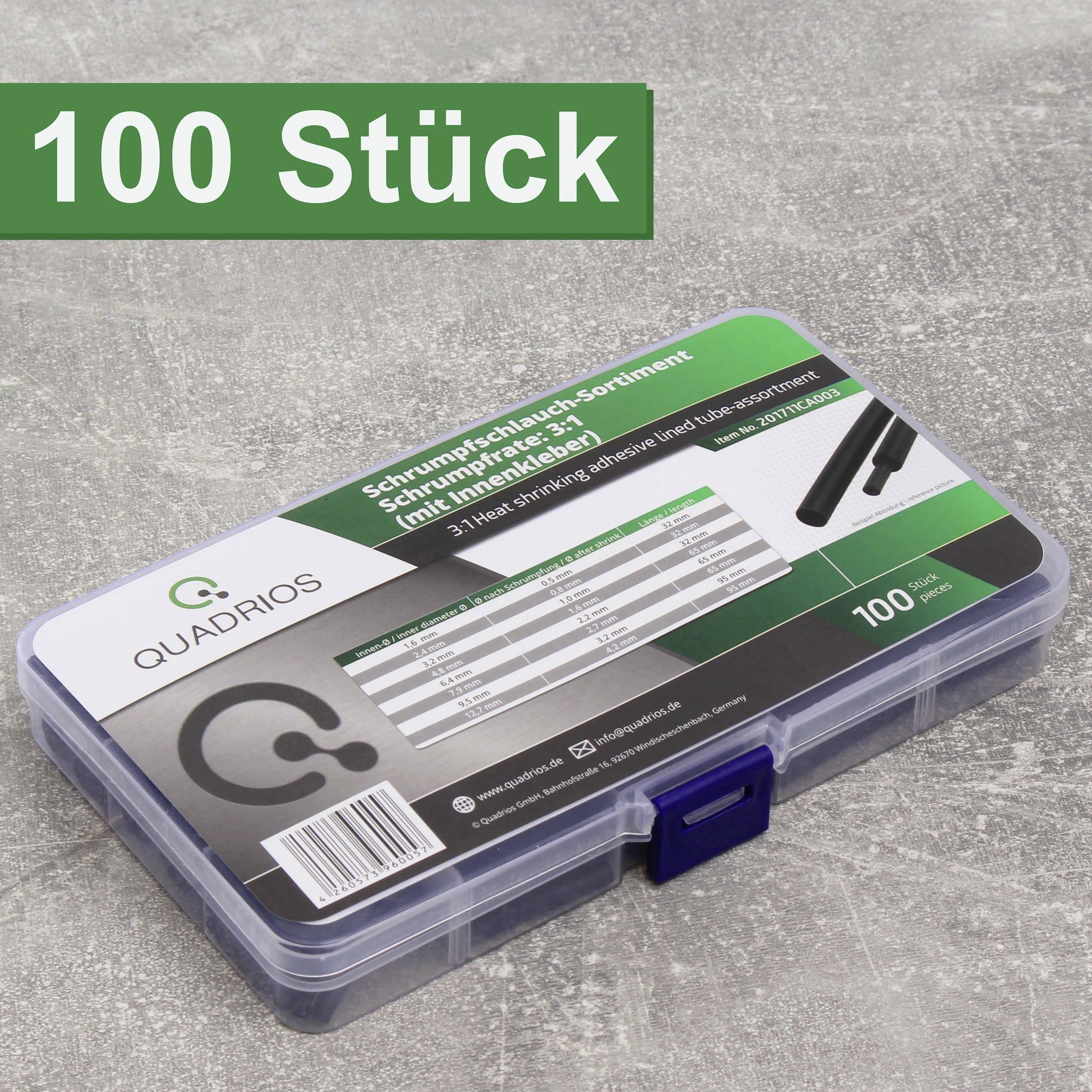 'Krimpkous-assortiment, 100 stuks, in een transparante plastic doos met etikettering. Merk Quadrios, bevat drie maten.'