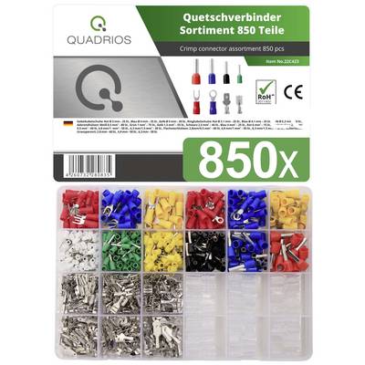 'Kabelschoorsteen Assortiment 850 Stuks' van Quadrios. Afbeelding toont een verscheidenheid aan gekleurde kabelverbinders in gesorteerde vakken.