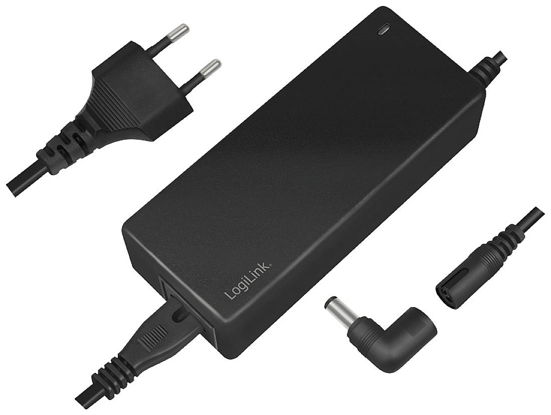 Zwart voedingsadapter met Europese stekker en verwisselbare aansluitingen, geschikt voor verschillende elektronische apparaten.
