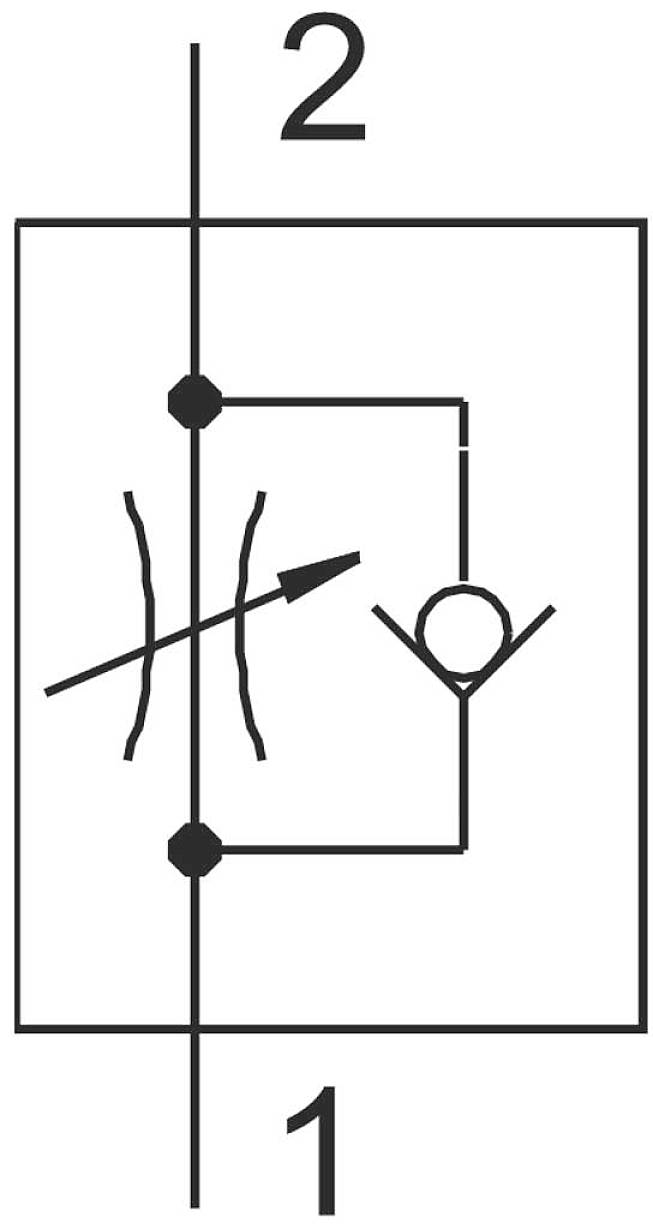 Schakelsymbool van een thyristor met antiparallelle diode. Lijn 1 verbindt twee cirkels, lijn 2 bovenaan, diode wijst naar links.