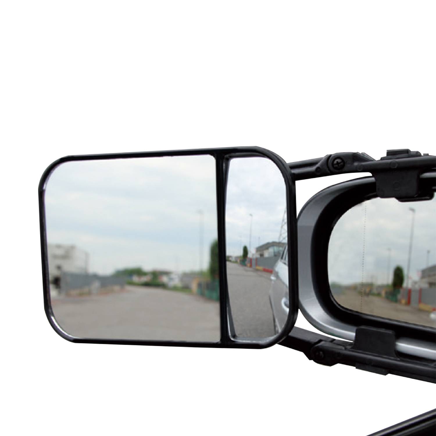 Achteruitkijkspiegel van een voertuig: Toont de weg achter het voertuig, vergemakkelijkt het achteruit rijden en observeren van het verkeer.