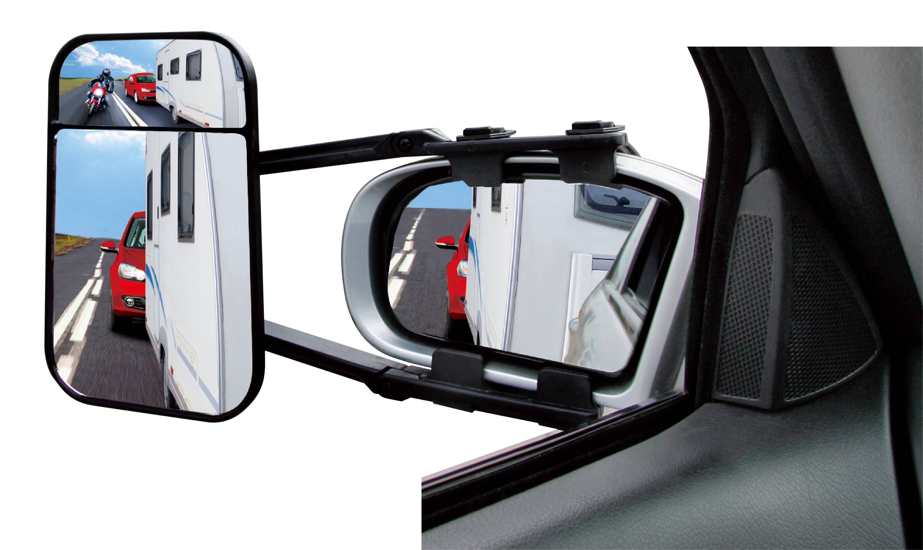 Een achteruitkijkspiegel toont een rode personenauto en een motorfiets die een camper inhaalt op een weg. Het beeld verduidelijkt het zicht.