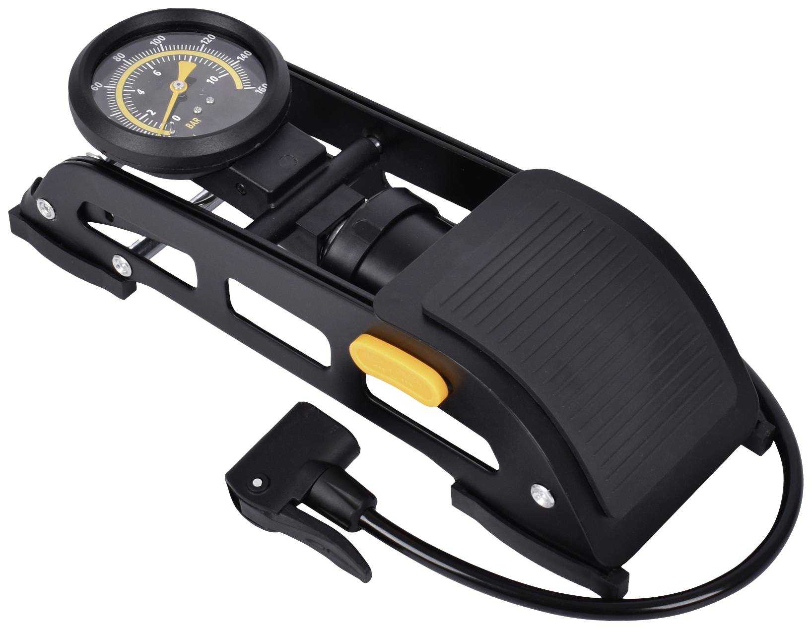 Zwart-gele voetluchtpomp met manometer en flexibele slang; geschikt voor het oppompen van banden of ballen.