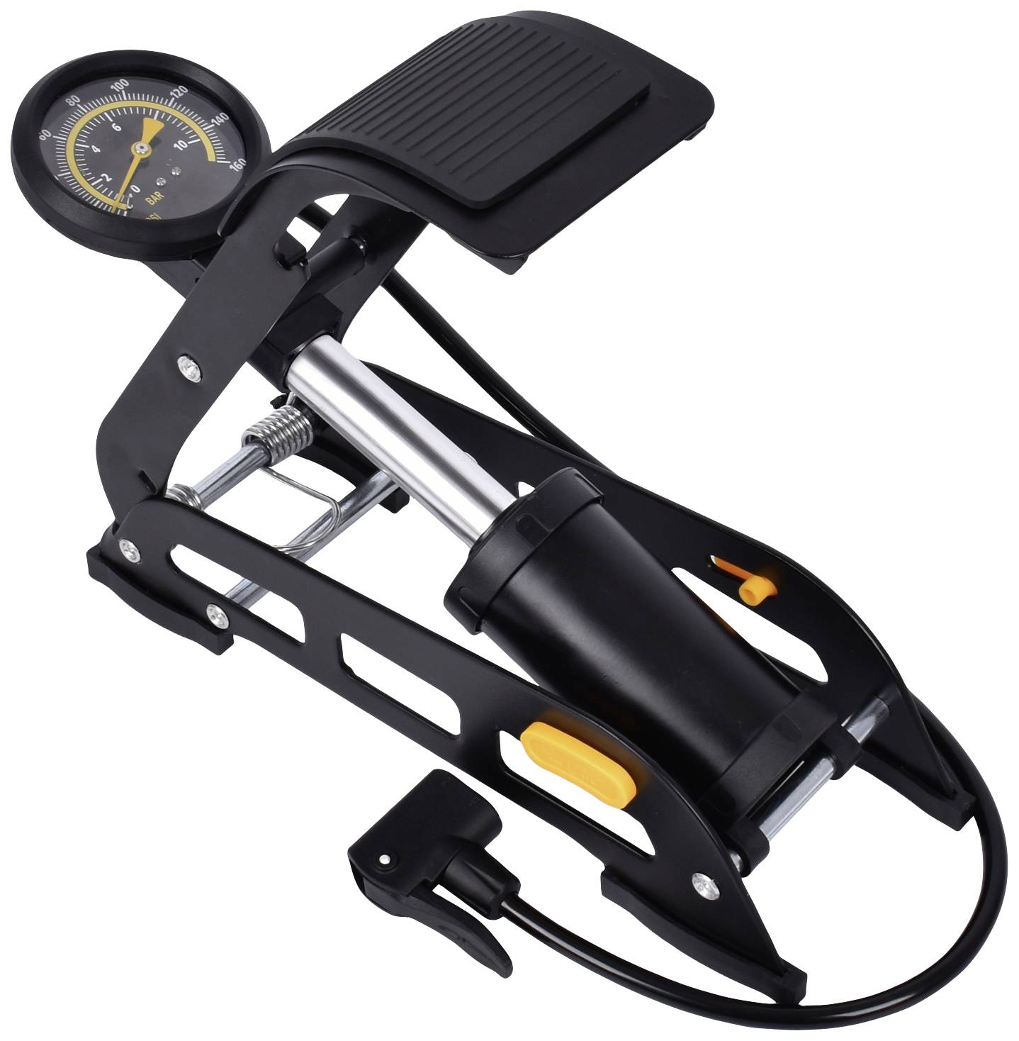 Voetpomp met manometer. Zwart design, ronde drukindicator bovenaan. Geschikt voor het oppompen van fietsbanden en andere opblaasbare voorwerpen.