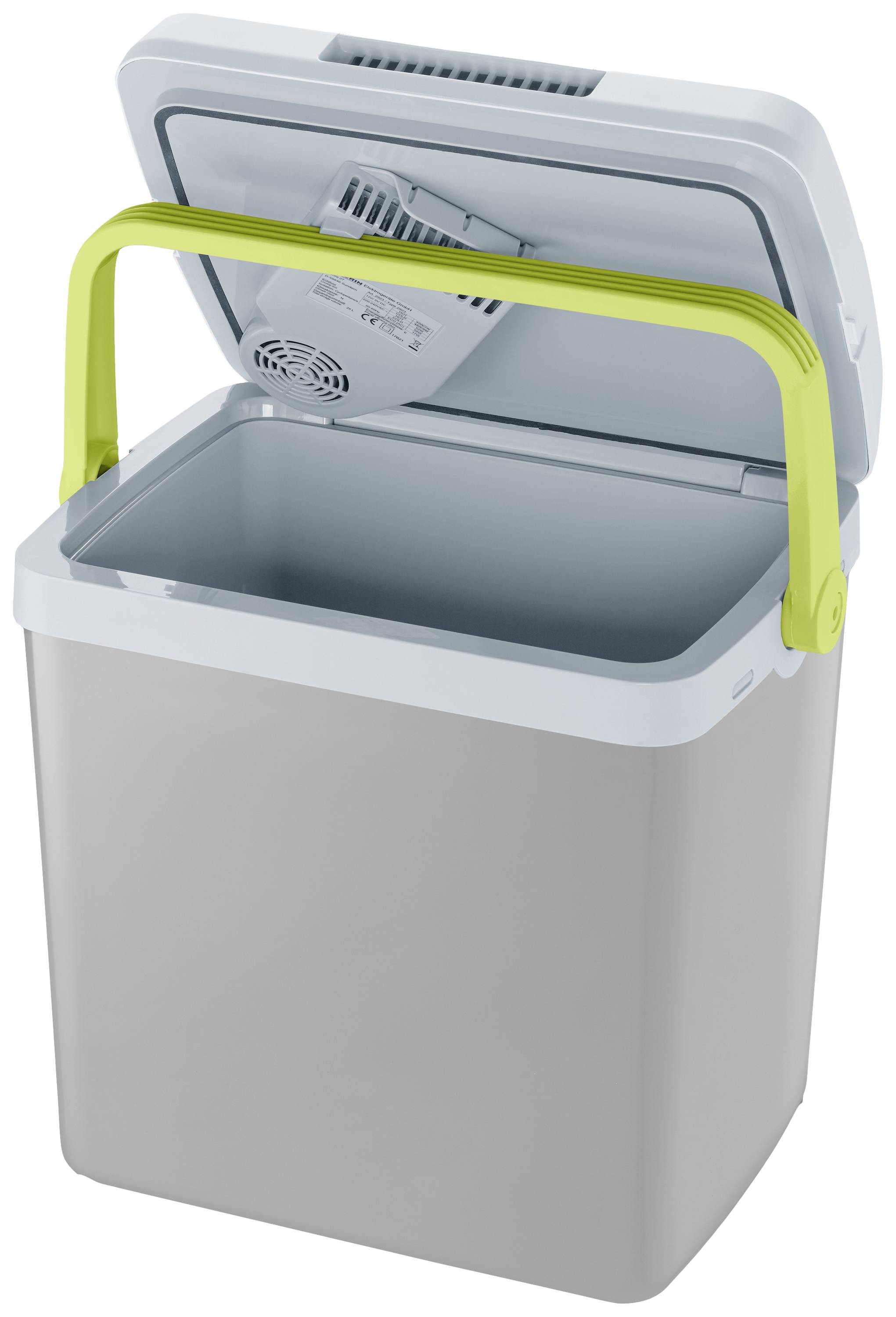Grijze koelbox met open deksel en groene handgreep, klaar om te worden gevuld.