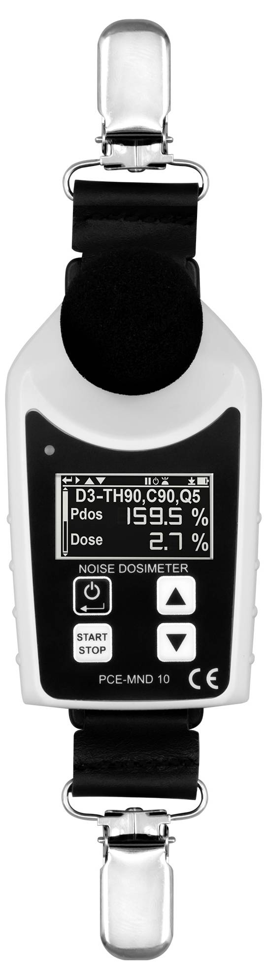 Digitale geluidsdosismeter bevestigd aan een riem, met een dosislezing van 55,5% en 97,1 dB SPL op het display.