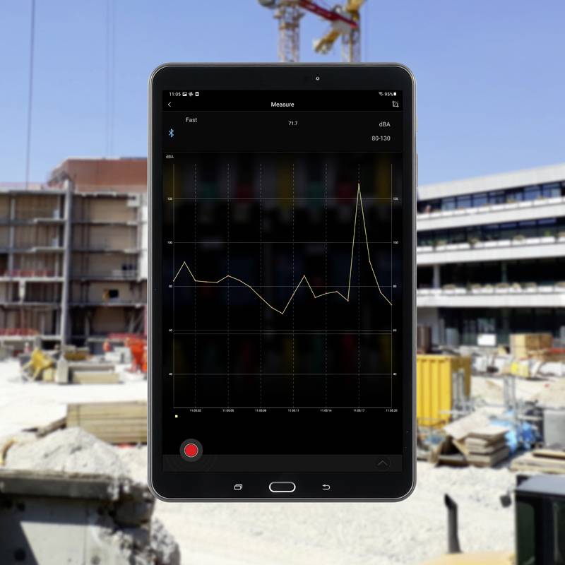 Bouwplaats met een tablet op de voorgrond waarop een meetapp wordt getoond. Op de achtergrond zijn onvoltooide gebouwen, kranen en bouwmaterialen zichtbaar.