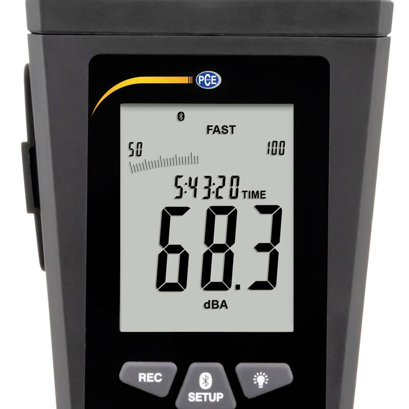 Een digitaal geluiddrukmeter toont 60,3 dBA aan, met een schaal van 50 tot 100 en de tijd 5:43:20. Toetsen daaronder: 'REC', 'SETUP', 'Licht'.
