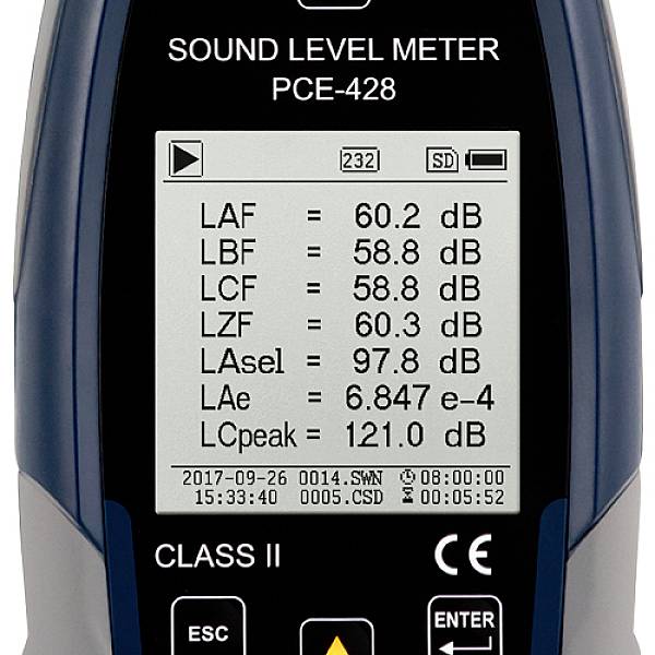 Een geluidsniveaumeter toont metingen: LAF 60,2 dB, LBF 58,8 dB, LCF 60,8 dB. Datum: 26-09-2017, Tijd: 15:33:40. Klasse II.