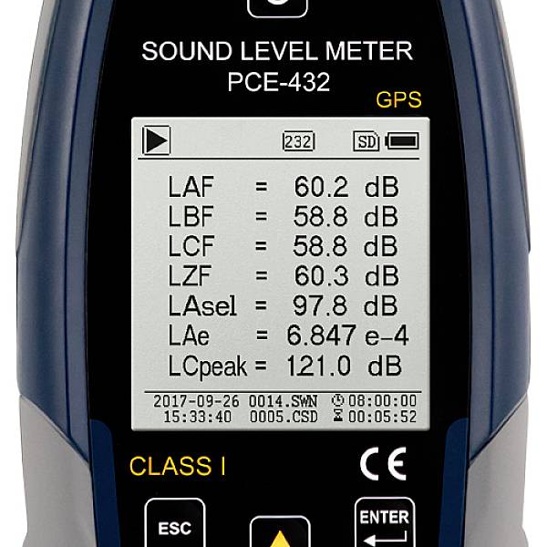 Geluidsniveaumeter-display toont verschillende decibel-waarden: 'LAF', 'LCF', 'LZF'. Tijdstip en datum onderaan: '2017-09-26'.