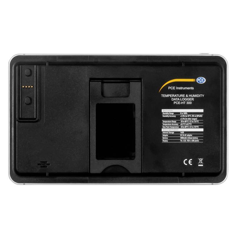 Achteraanzicht van een datalogger voor het meten van temperatuur en luchtvochtigheid, model PCE-MT 300, toont typeplaatjes en certificeringen.