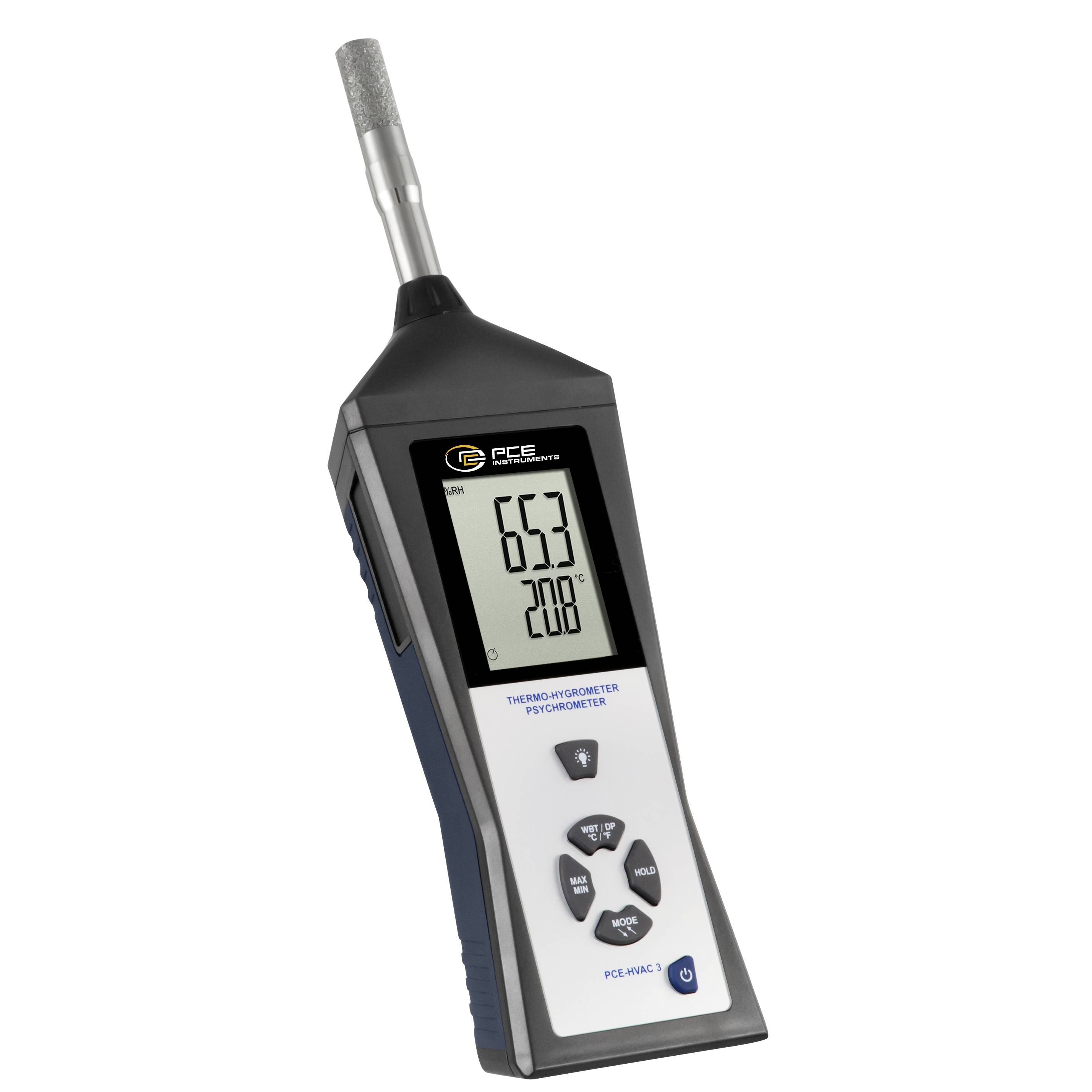 Handheld digitale thermo-hygrometer met probe, toont 65,3% luchtvochtigheid en 20,8°C op het display.