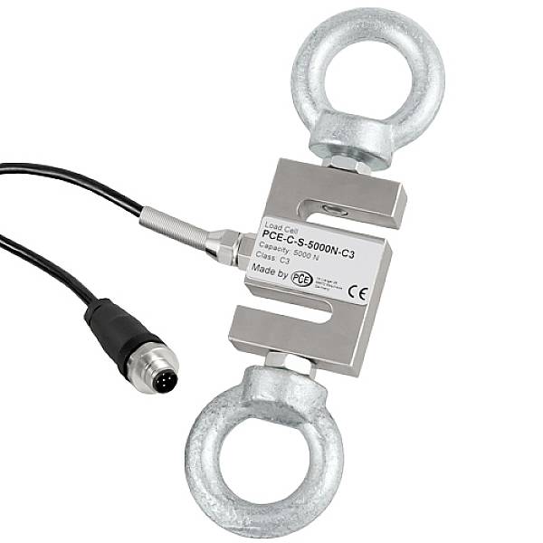 'Kraftsensor PCE-C3' - met metalen ogen boven en onder, elektrische aansluiting links. Geschikt voor het meten van trekkracht tot 5000 N. CE-gecertificeerd.