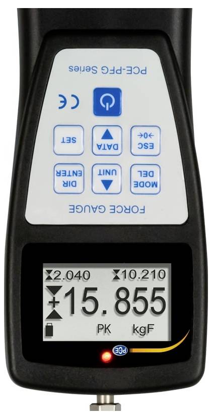 Handheld krachtsensor met een weergave van 15.855 kgF in piekmodus, met knoppen voor modus, eenheid, nul, instellen, richting en gemiddelde.