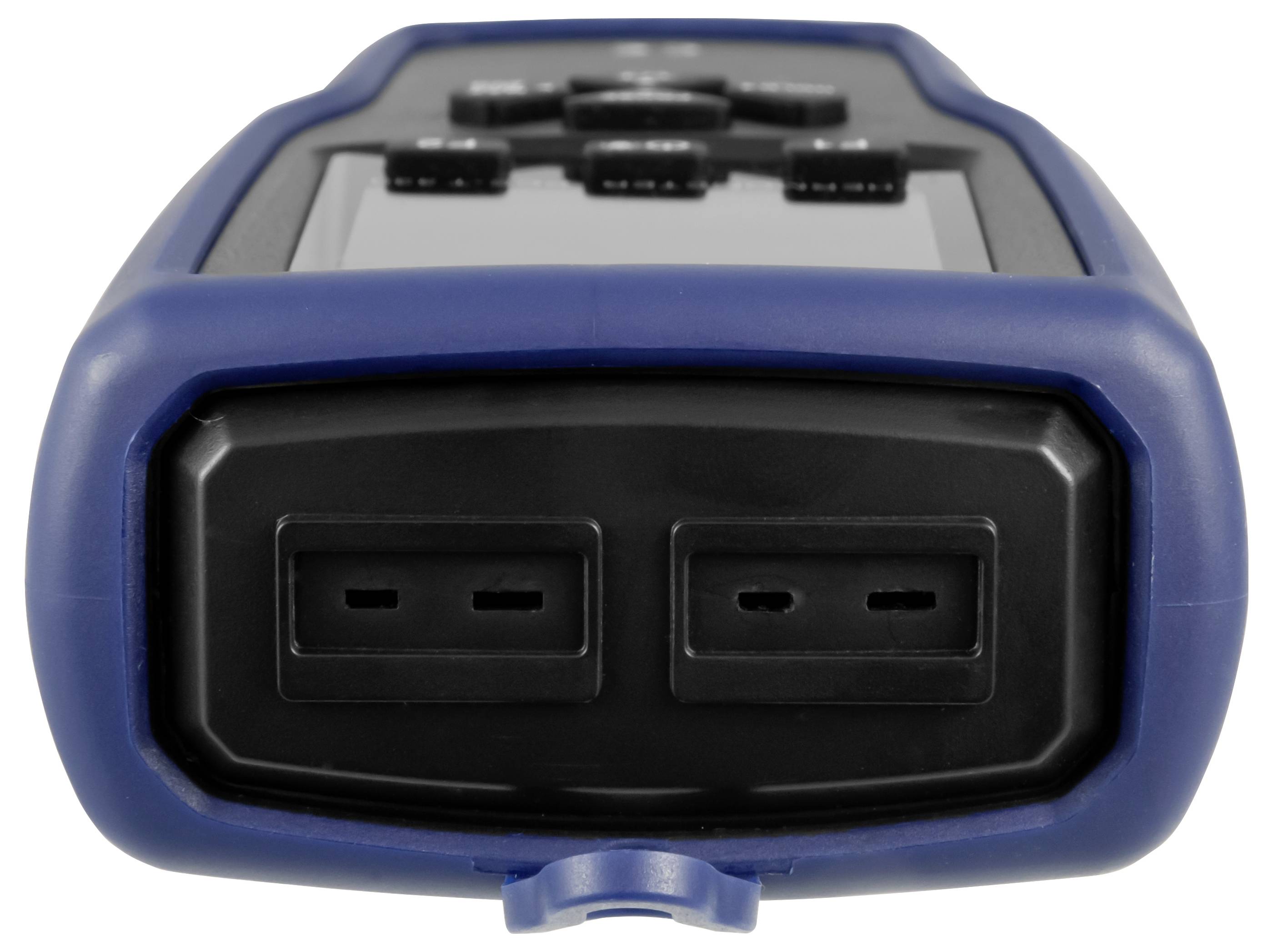 Frontaanzicht van een blauw draagbaar elektronisch apparaat met twee rechthoekige poorten aan de voorkant en meerdere knoppen bovenop.