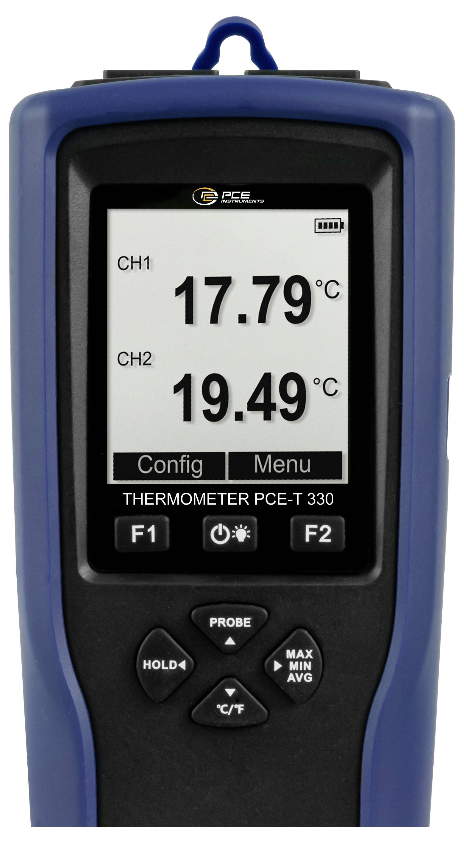 Handheld digitale thermometer met kanaalweergaven: CH1 17,79°C en CH2 19,49°C, met config- en menuknoppen eronder.