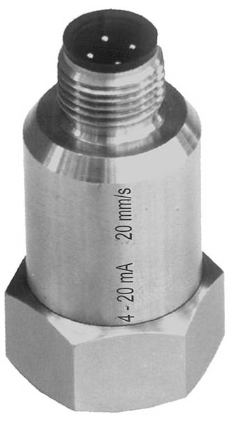 Metalen cilindrische sensoradapter met schroefdraad aan de bovenkant en zeskantige basis, gelabeld '4-20 mA 20 mm/s'