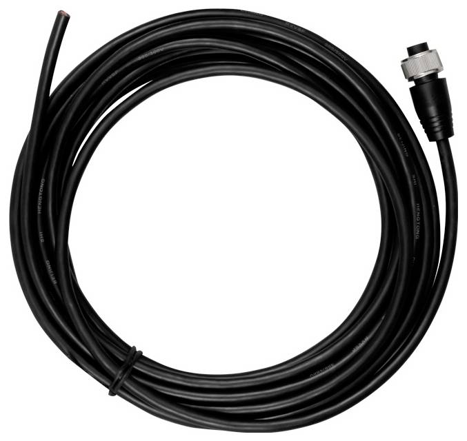 Opgerold zwart snoer met een schroefdraad connector aan één uiteinde, weergegeven op een witte achtergrond.