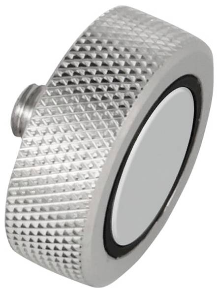 Closeup van een geribbelde metalen drukknop met een plat rond oppervlak, weergegeven onder een hoek op een witte achtergrond.