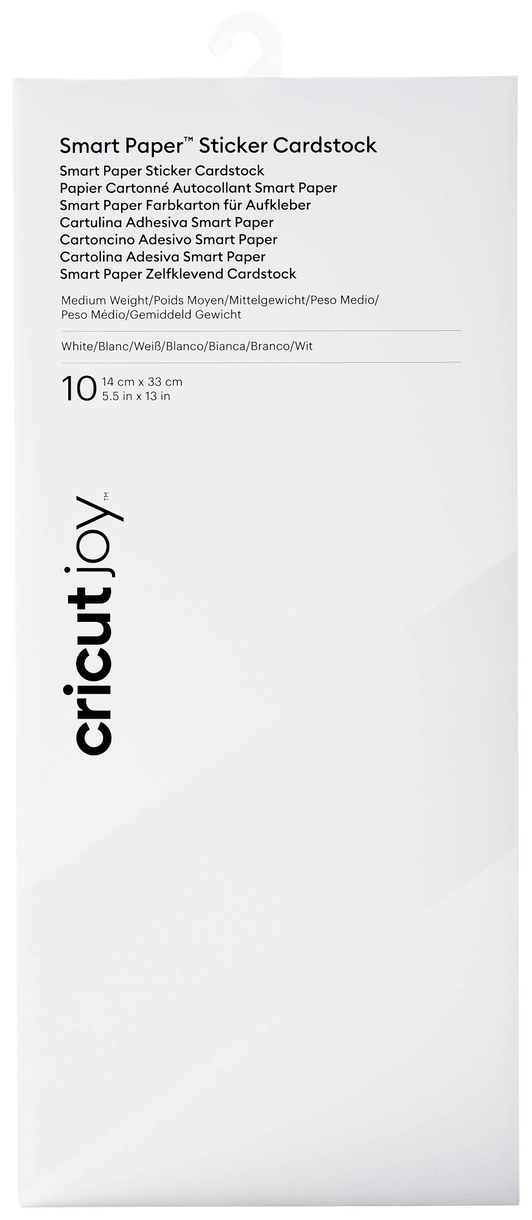 Witte verpakking met de opdruk 'Smart Paper Sticker Cardstock'. Bevat 10 vellen in het formaat 13,9 cm x 33 cm van Cricut Joy.
